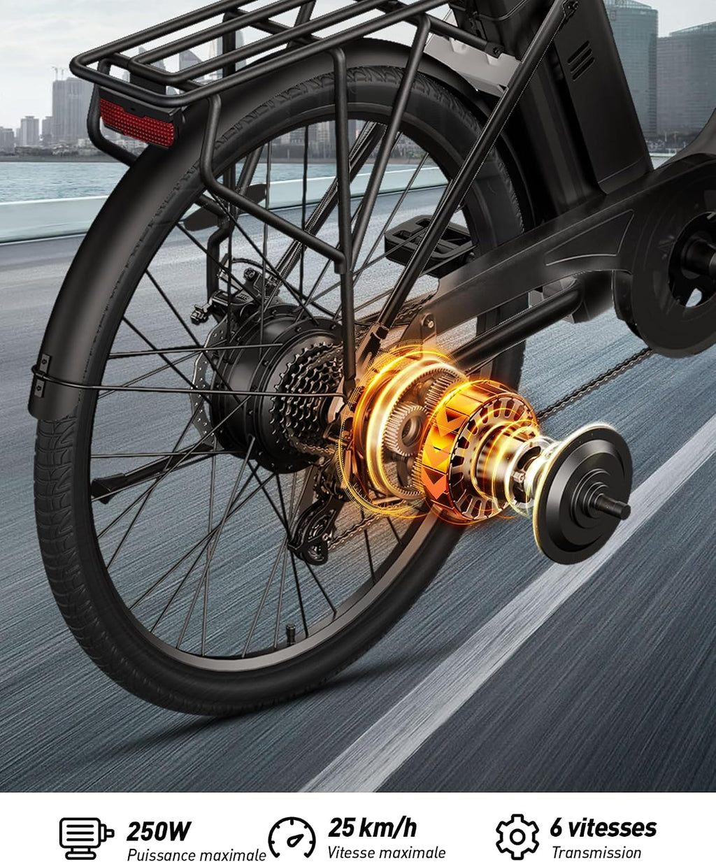 DYU C6 – Vélo Électrique Urbain 26'' 250W 36V 12.5Ah 70 km 6 Vitesses – Vitesse max 25 km/h – Panier Avant Noir
