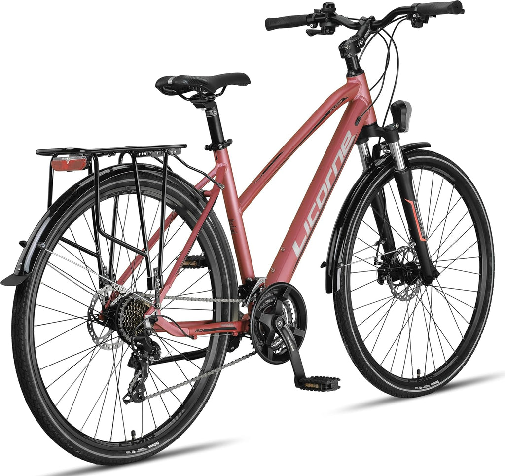 Licorne Bike Vélo de Trekking 28'' – Cadre Aluminium, 21 Vitesses, Freins Disque, Éclairage StVZO, Rose