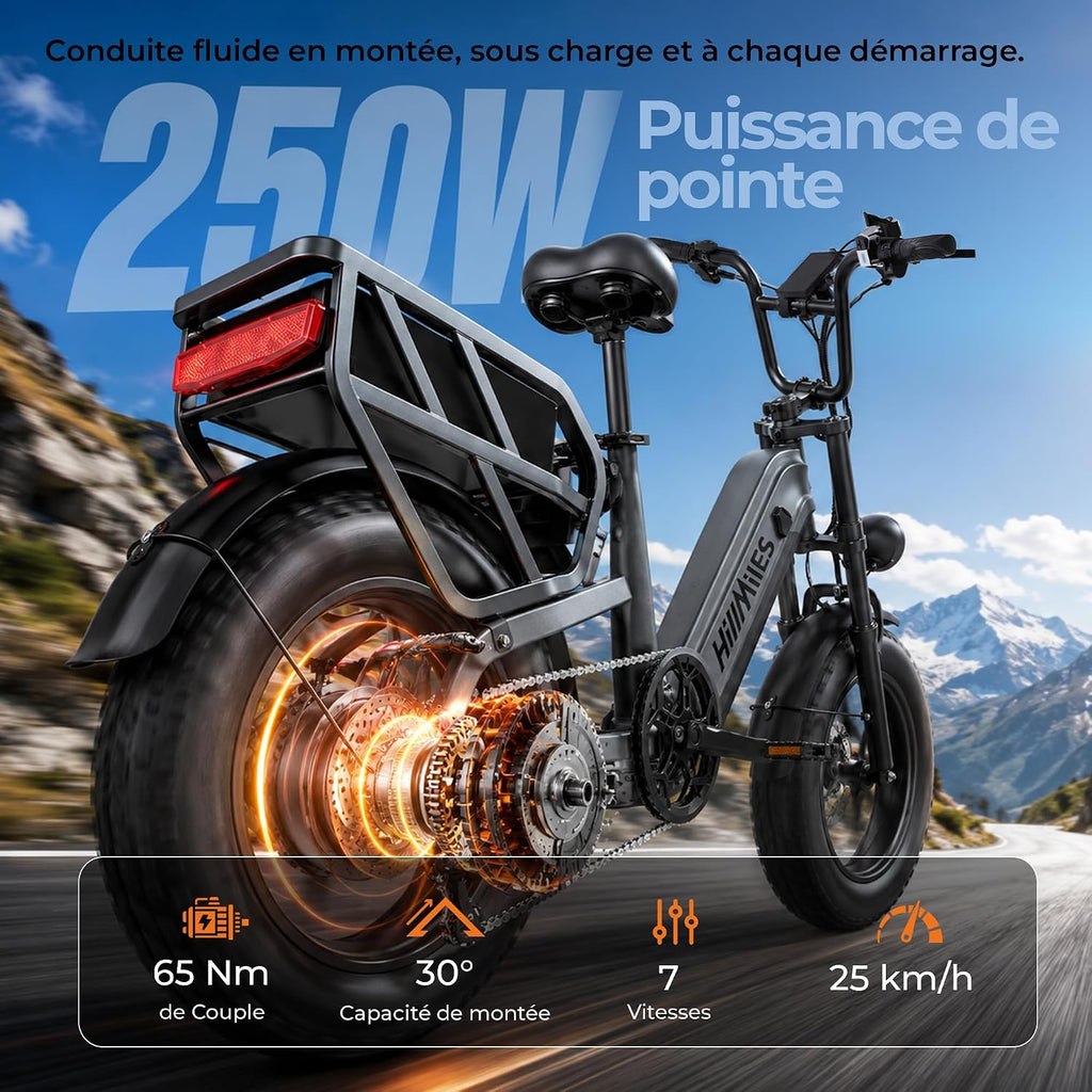 HillMiles Milelink1 - Vélo Électrique Fat Bike 16" | 120-250 km | 864 Wh | Gris Métallisé – Vitesse max 25 km/h