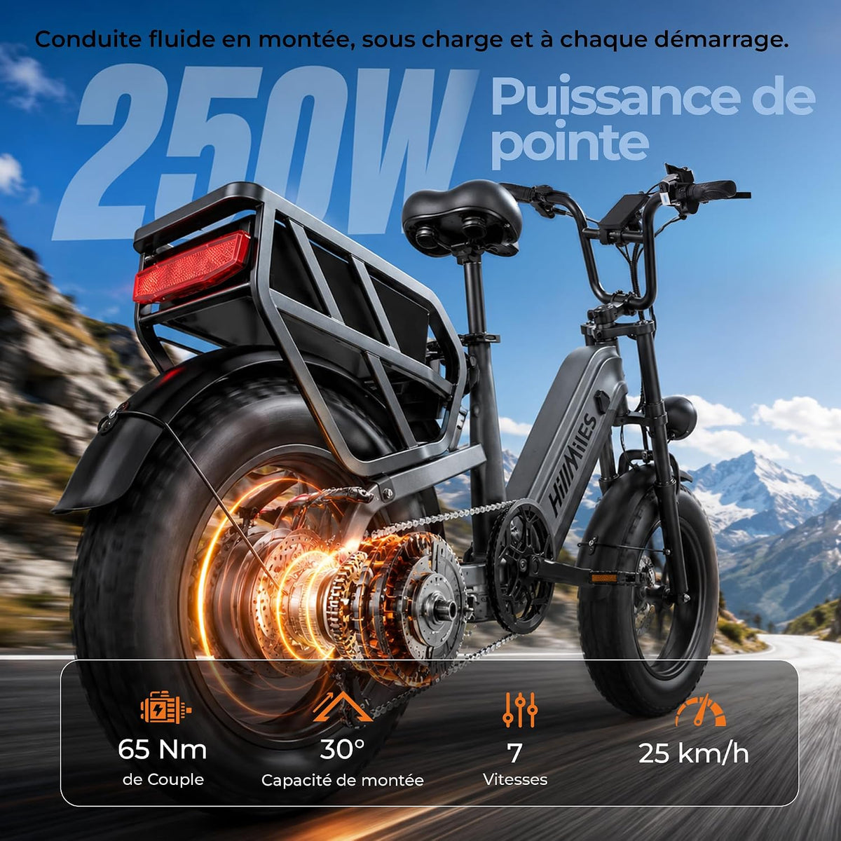 HillMiles Milelink1 - Vélo Électrique Fat Bike 16" | 120-250 km | 864 Wh | Gris Métallisé – Vitesse max 25 km/h