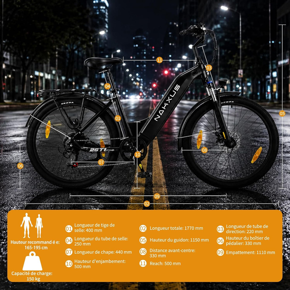 Nakxus 26T1-Pro – Vélo Électrique 26'' Moteur 250W 60Nm 36V 18.2Ah 130 km IPX7 7 Vitesses Orange – Vitesse max 25 km/h
