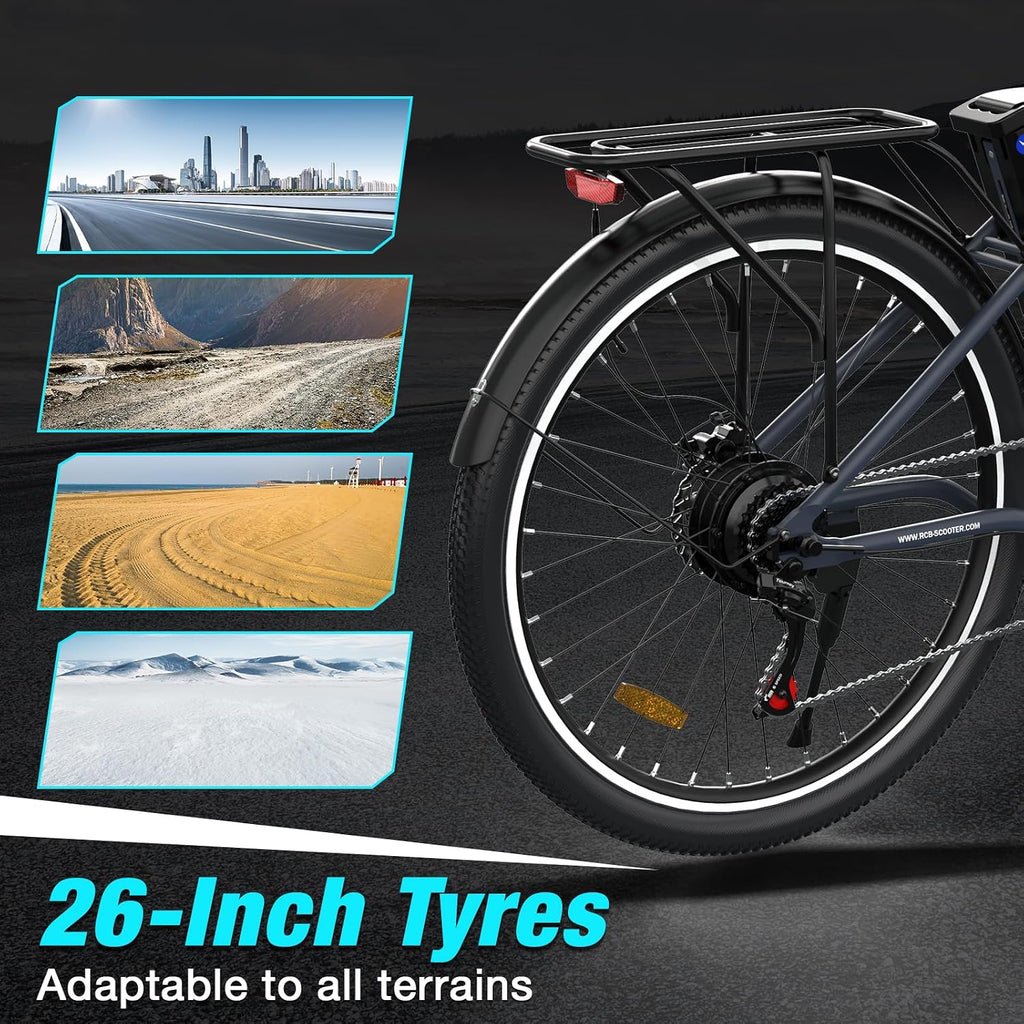 RCB RK8S - Vélo Électrique Urbain 26" | 36V 10,4Ah | 90 km | 250W | Noir – Vitesse max 25 km/h