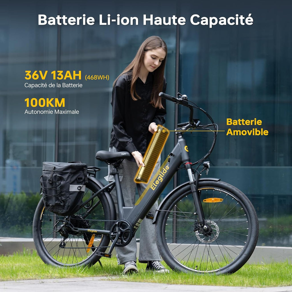 Eleglide T2 – Vélo Électrique Urbain 27.5'' Moteur 250W 45Nm 36V 13Ah 100 km Freins Hydrauliques StVZO Gris – Vitesse max 25 km/h