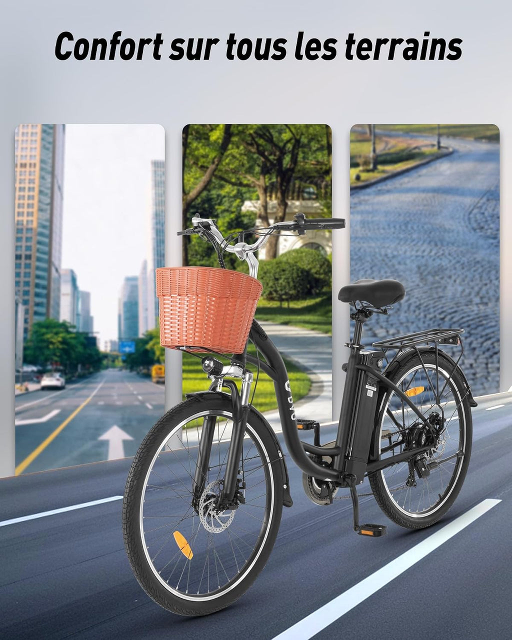 DYU C6 – Vélo Électrique Urbain 26'' 250W 36V 12.5Ah 70 km 6 Vitesses – Vitesse max 25 km/h – Panier Avant Noir