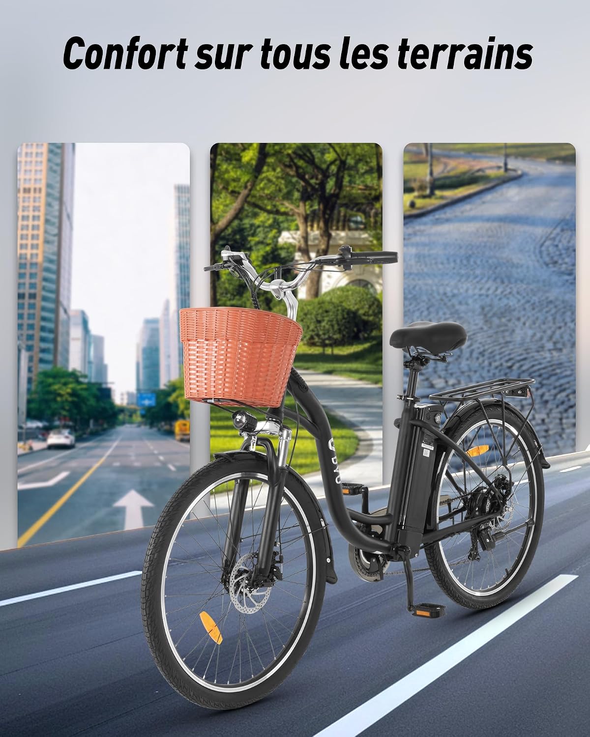 DYU C6 – Vélo Électrique Urbain 26'' 250W 36V 12.5Ah 70 km 6 Vitesses – Vitesse max 25 km/h – Panier Avant Noir