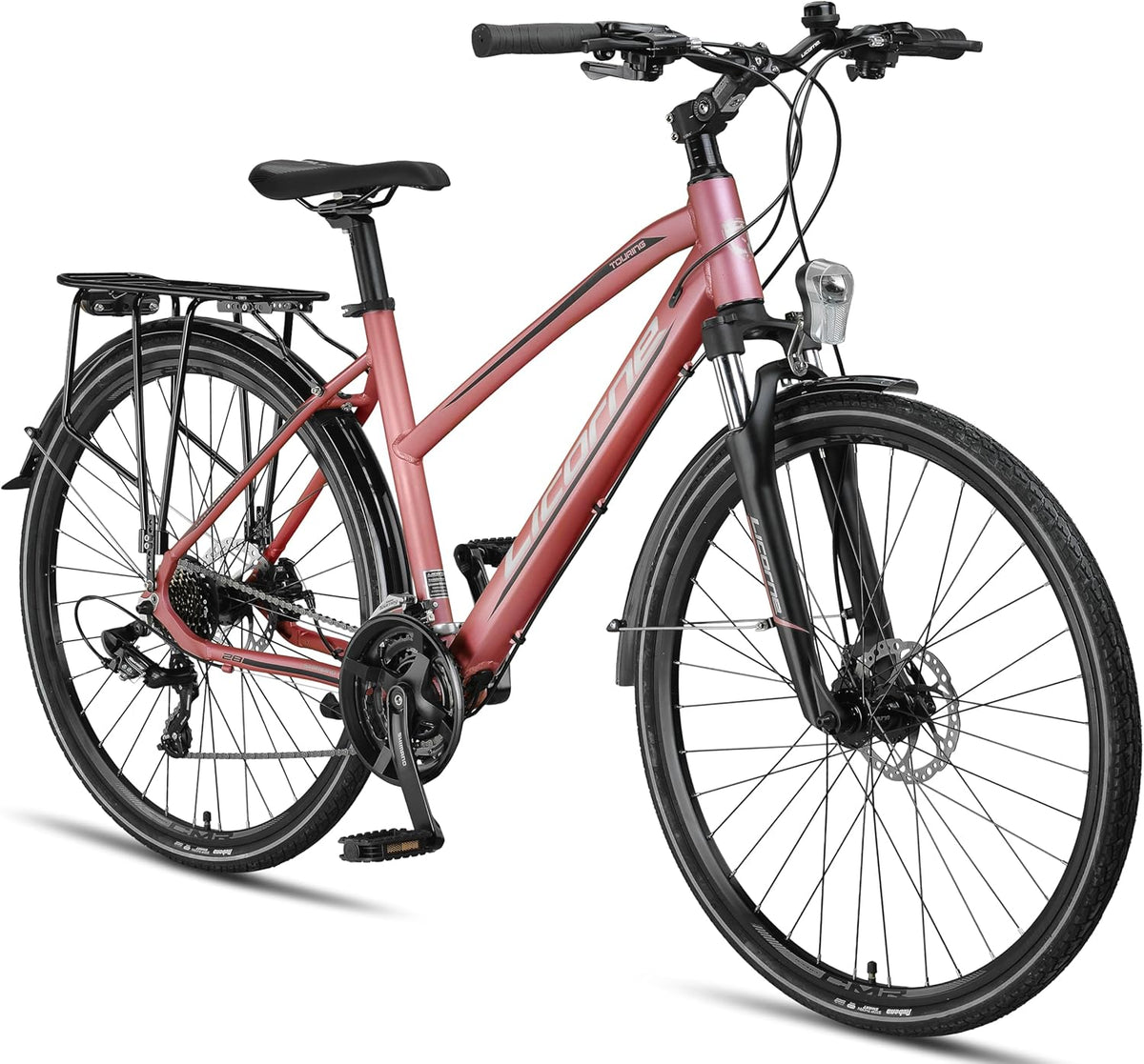 Licorne Bike Vélo de Trekking 28'' – Cadre Aluminium, 21 Vitesses, Freins Disque, Éclairage StVZO, Rose