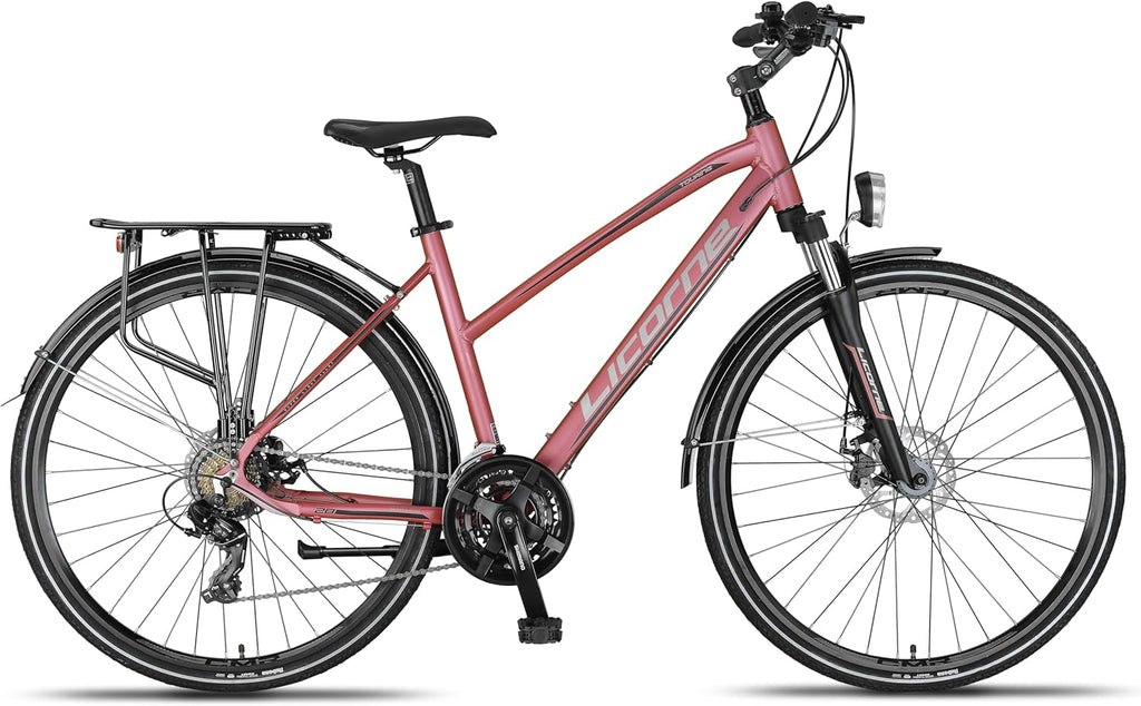 Licorne Bike Vélo de Trekking 28'' – Cadre Aluminium, 21 Vitesses, Freins Disque, Éclairage StVZO, Rose