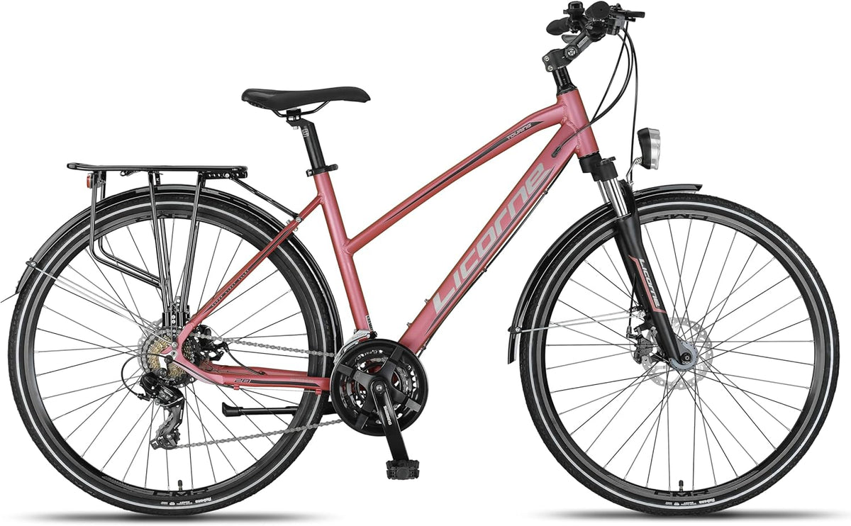 Licorne Bike Vélo de Trekking 28'' – Cadre Aluminium, 21 Vitesses, Freins Disque, Éclairage StVZO, Rose